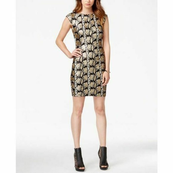 "GUESS LOS ANGELES" BLACK & GOLD SNAKE PRINT FULL SEQUINED SOPHY DRESS SZE:L EUC - Picture 1 of 8